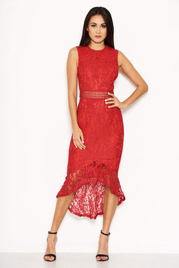 Red Fishtail Hem Lace Midi Dress