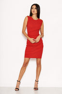 Red Ruched Wrap Dress With Military Buttons