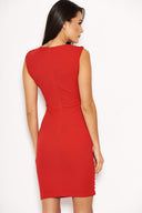 Red Ruched Wrap Dress With Military Buttons