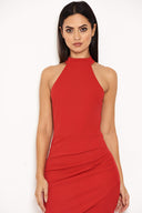 Red Choker Neck Ruched Detail Bodycon Dress