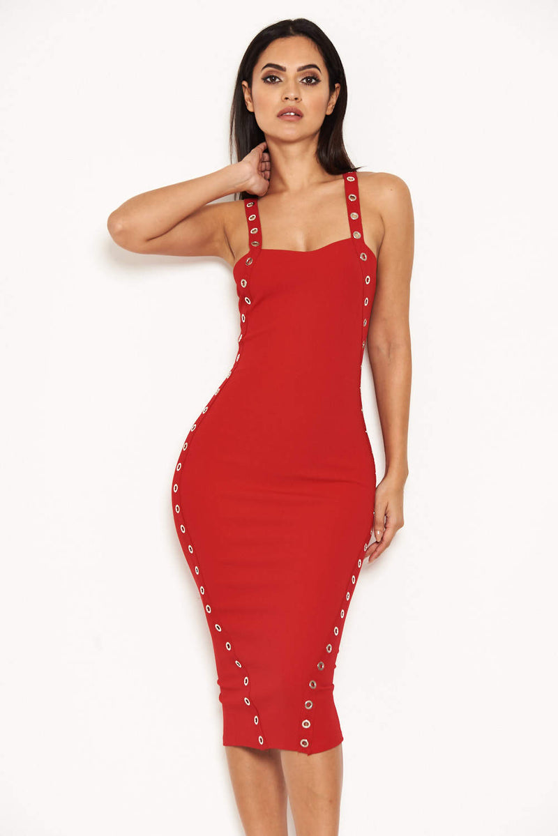 Red Eyelet Detail Bodycon Midi Dress