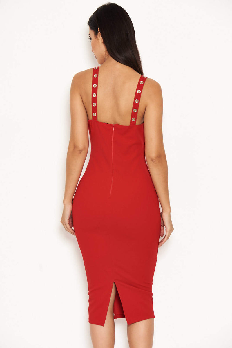 Red Eyelet Detail Bodycon Midi Dress