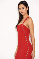 Red Eyelet Detail Bodycon Midi Dress