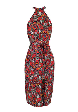 Red Floral Choker Neck Dress