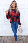 Red Floral Frill Shoulder Blouse