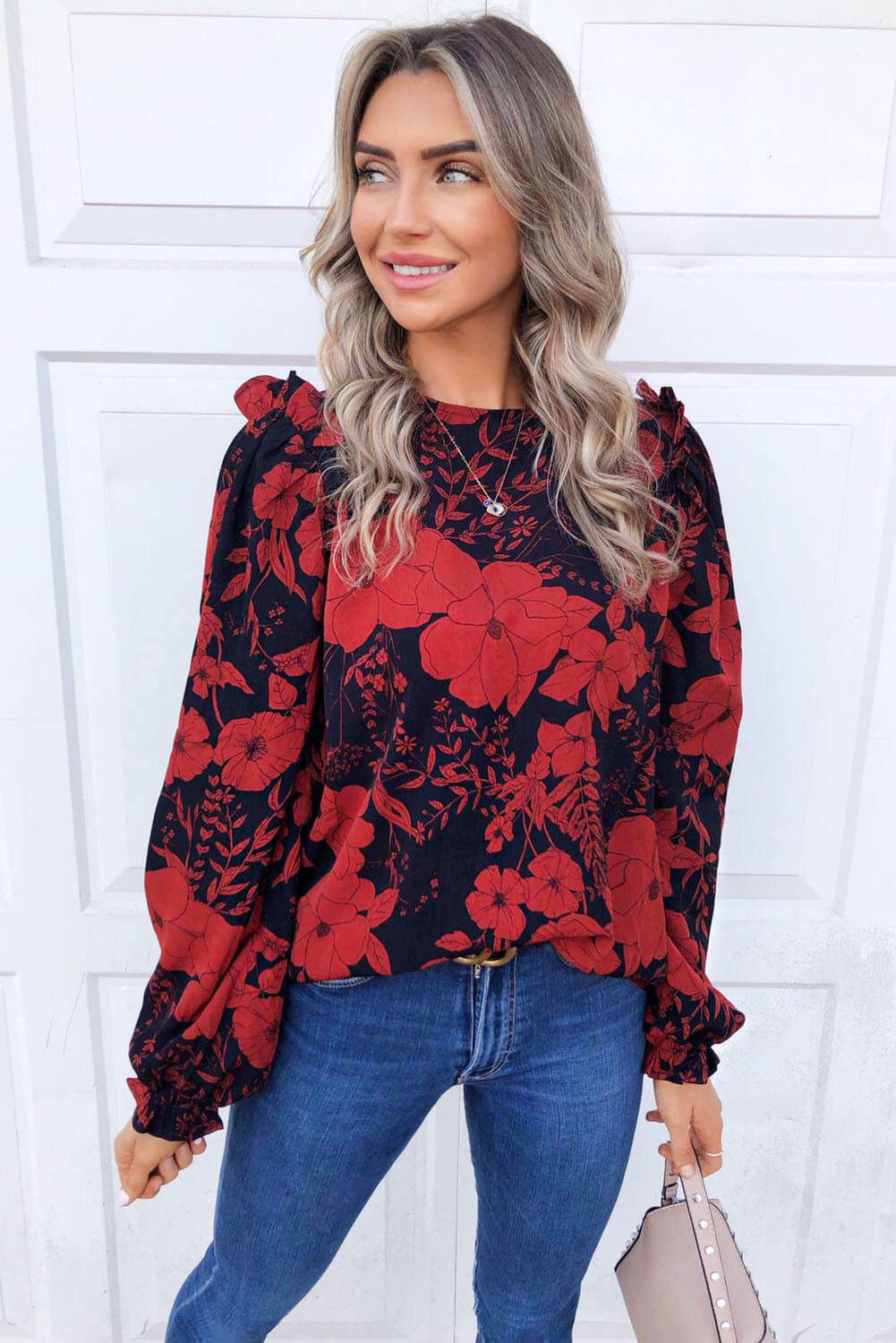 Red floral deals top outfit