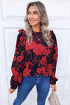 Red Floral Frill Shoulder Blouse