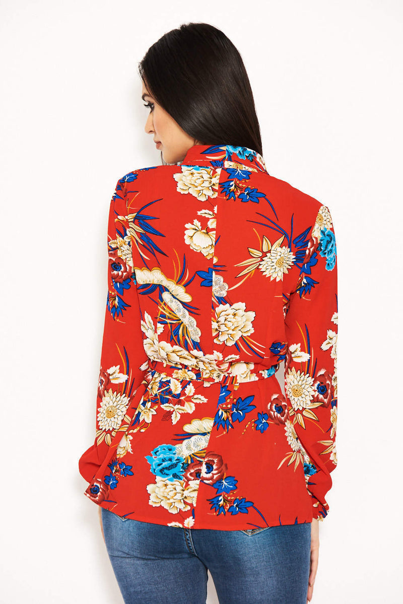 Red Floral Print Tie Waist Top