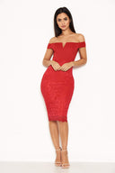 Red Notch Front Lace Detail Midi Dress