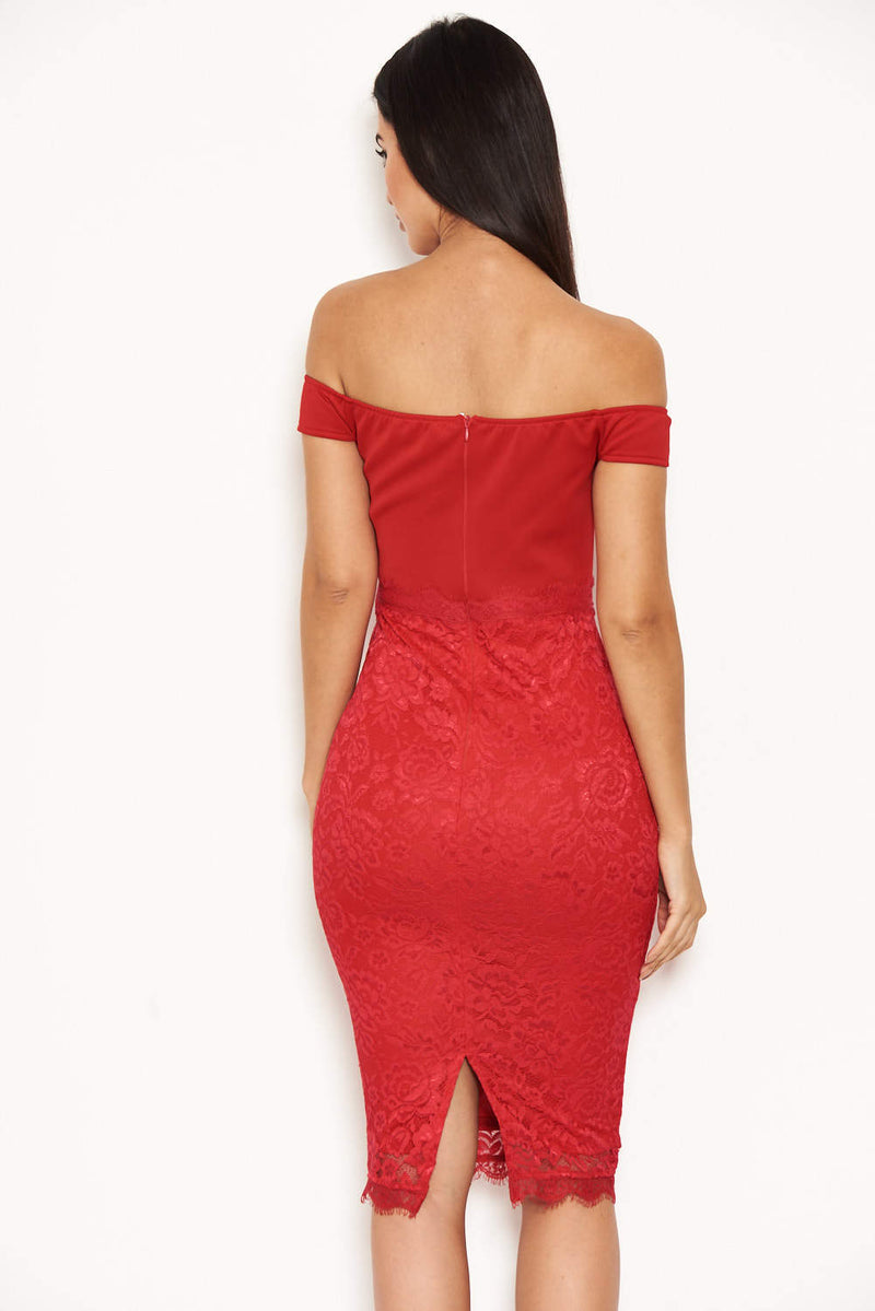 Red Notch Front Lace Detail Midi Dress