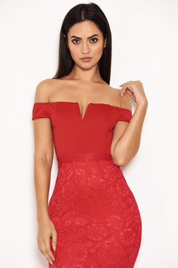 Red Notch Front Lace Detail Midi Dress