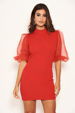 Red Puff Sleeve Bodycon Dress