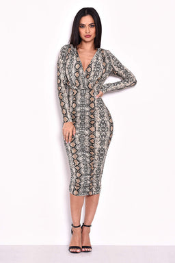 Ruched Snakeskin Slinky Wrap Dress