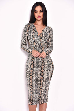 Ruched Snakeskin Slinky Wrap Dress