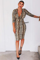Ruched Snakeskin Slinky Wrap Dress
