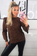 Rust Animal Print Pleated Sleeve Top