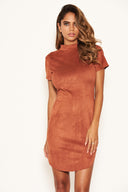 Rust Faux Suede Mini Dress with High Neck