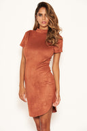 Rust Faux Suede Mini Dress with High Neck