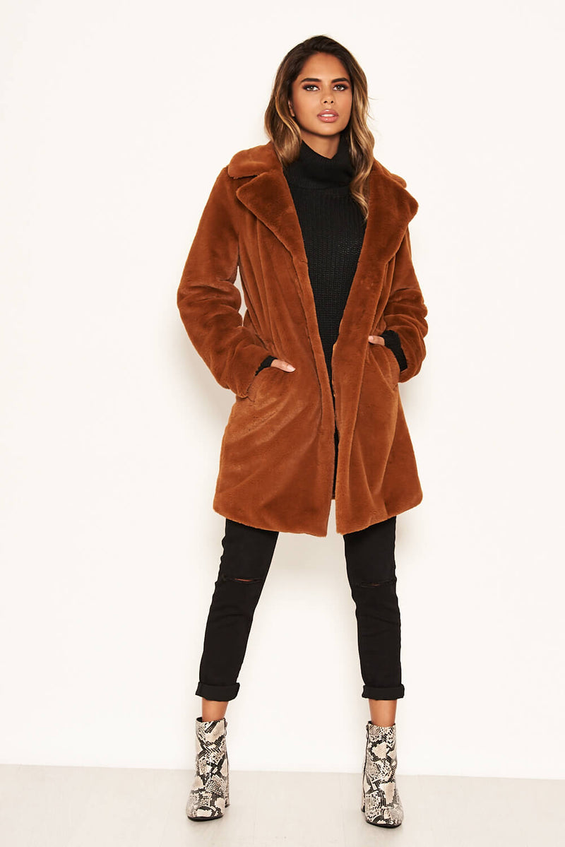 Rust Long Faux Fur Coat