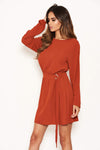 Rust Long Sleeve Belted Day Dress