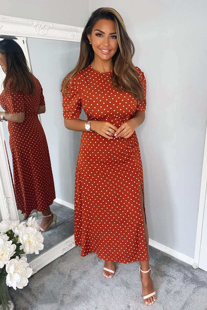 Rust Polka Dot Ruched Sleeve Midi Dress – AX Paris