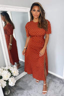 Rust Polka Dot Ruched Sleeve Midi Dress