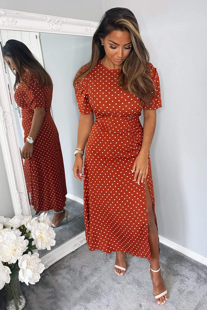 Rust Polka Dot Ruched Sleeve Midi Dress