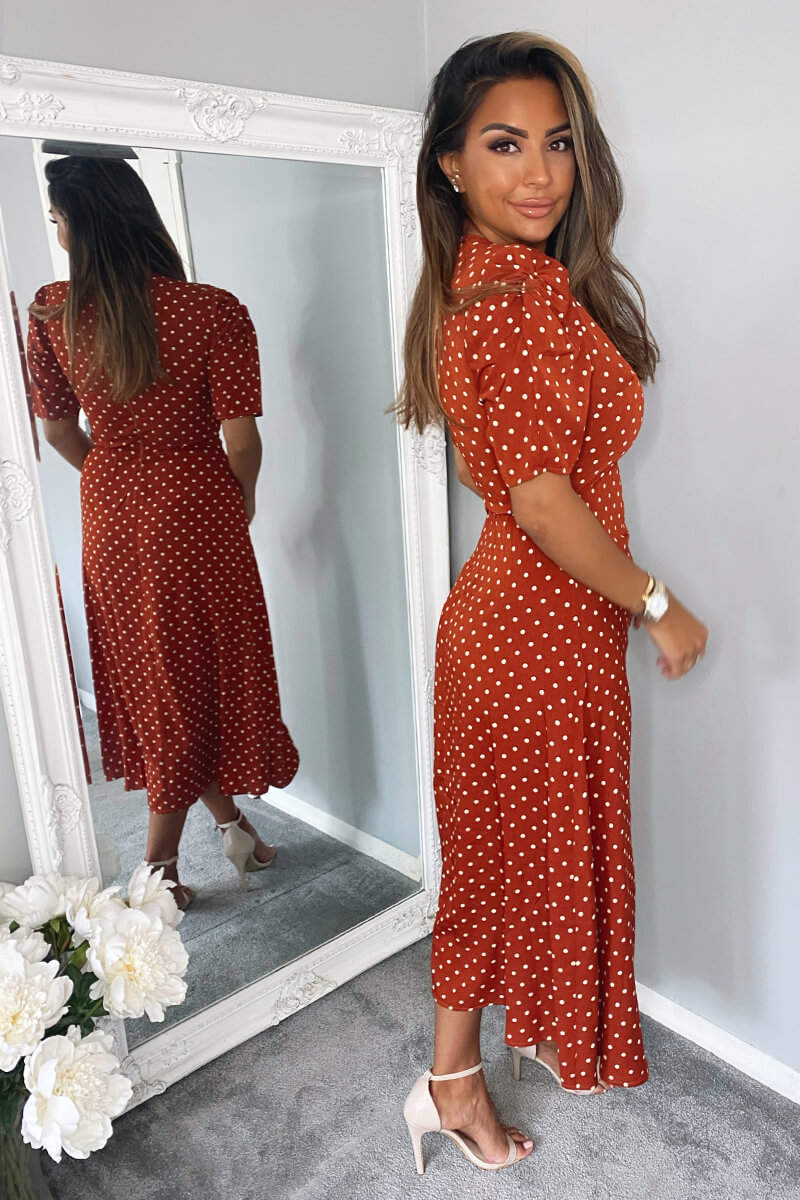 Rust Polka Dot Ruched Sleeve Midi Dress