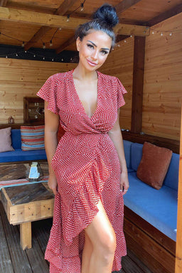 Rust Polka Dot Wrap Over Midi Dress
