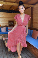 Rust Polka Dot Wrap Over Midi Dress