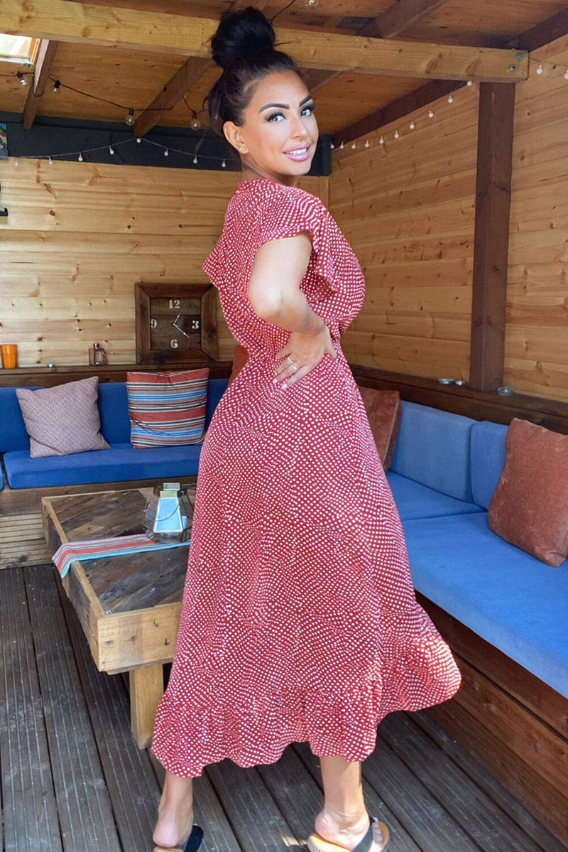 Rust Polka Dot Wrap Over Midi Dress