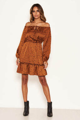 Rust Printed Off Shoulder Dress