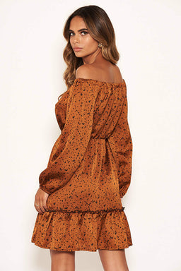 Rust Printed Off Shoulder Dress