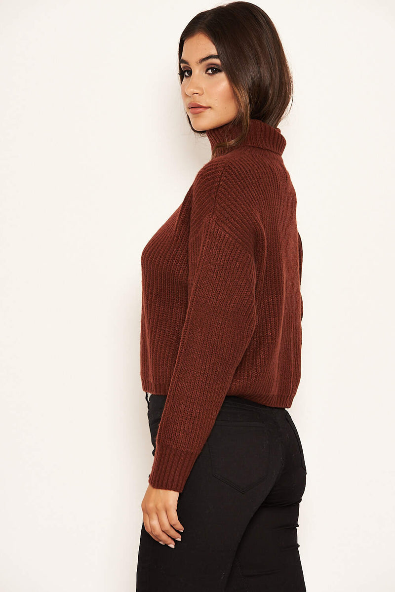 Rust Roll Neck Cropped Knit Jumper