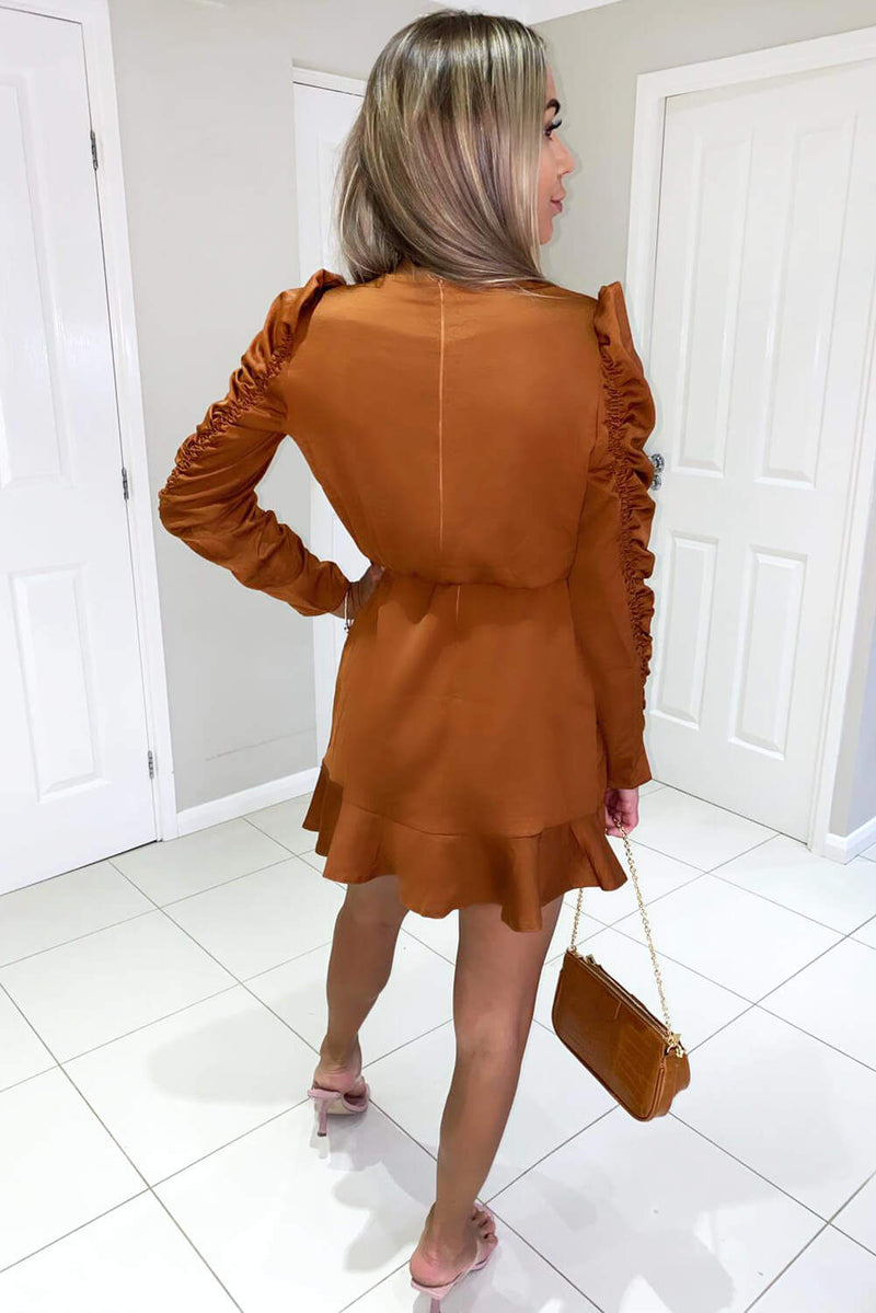 Rust Ruched Sleeve Skater Dress