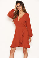 Rust Frill Wrap Long Sleeve Dress