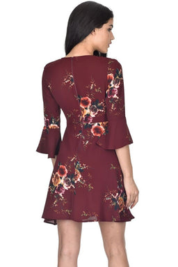 Rust Printed Wrap Over skater dress