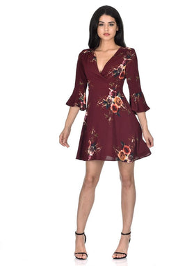 Rust Printed Wrap Over skater dress