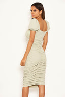 Sage Puff Sleeve Ruched Bodycon Midi Dress