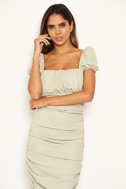 Sage Puff Sleeve Ruched Bodycon Midi Dress