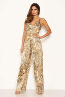 Grey Printed Satin Flared Leg Jumpsuit