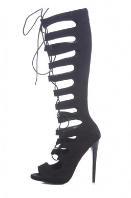 Suede Knee High Lace Up Gladiator Heels