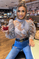 Silver Embroidered Puff Sleeve Tie Neck Top