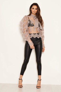 Silver Embroidered Puff Sleeve Tie Neck Top