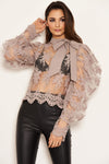 Silver Embroidered Puff Sleeve Tie Neck Top