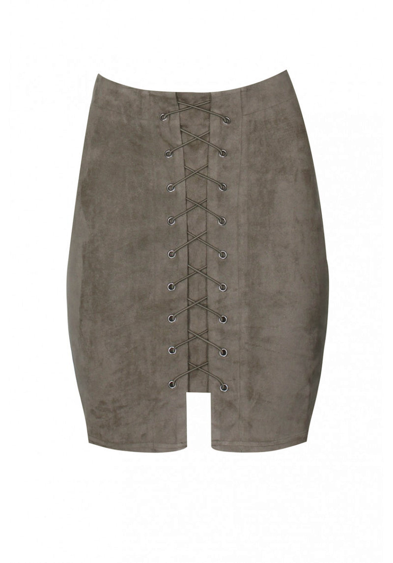 Khaki Suede Corset Detail Mini Skirt