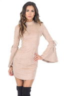 Stone Faux Suede Flare Sleeve Dress