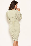 Sage Flared Sleeve V Neck Ruched Midi Dress