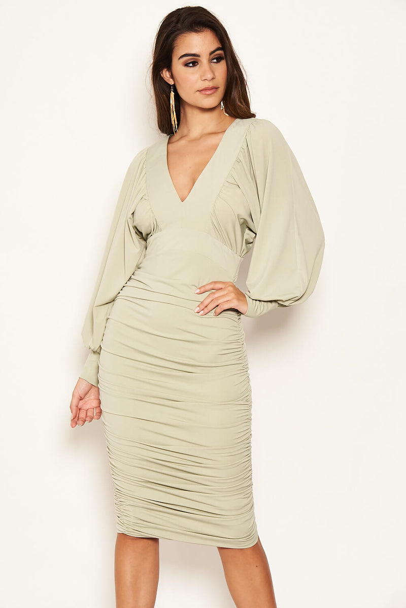 Sage Flared Sleeve V Neck Ruched Midi Dress