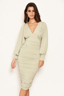 Sage Flared Sleeve V Neck Ruched Midi Dress